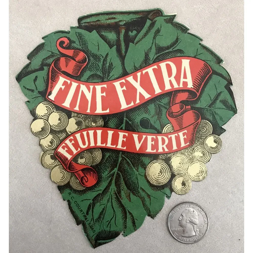Vintage Courtrai Fine Extra Feuille Verte Grape Leaf French White Wine Label